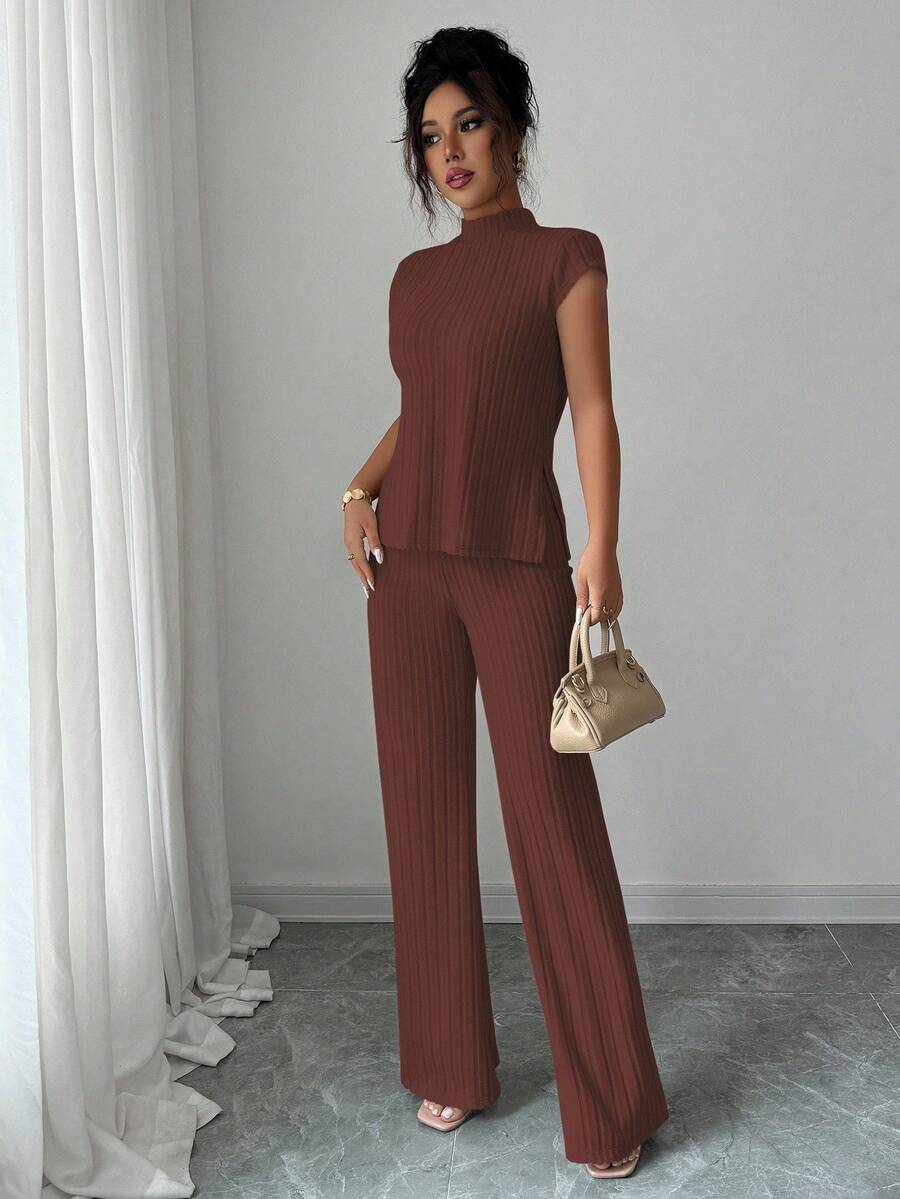 Ensemble Décontracté Élégant Pour Femmes – Haut Côtelé À Manches Courtes Et Pantalon Automne/Hiver