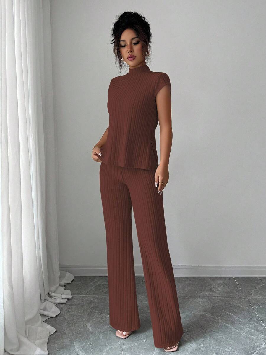 Ensemble Décontracté Élégant Pour Femmes – Haut Côtelé À Manches Courtes Et Pantalon Automne/Hiver