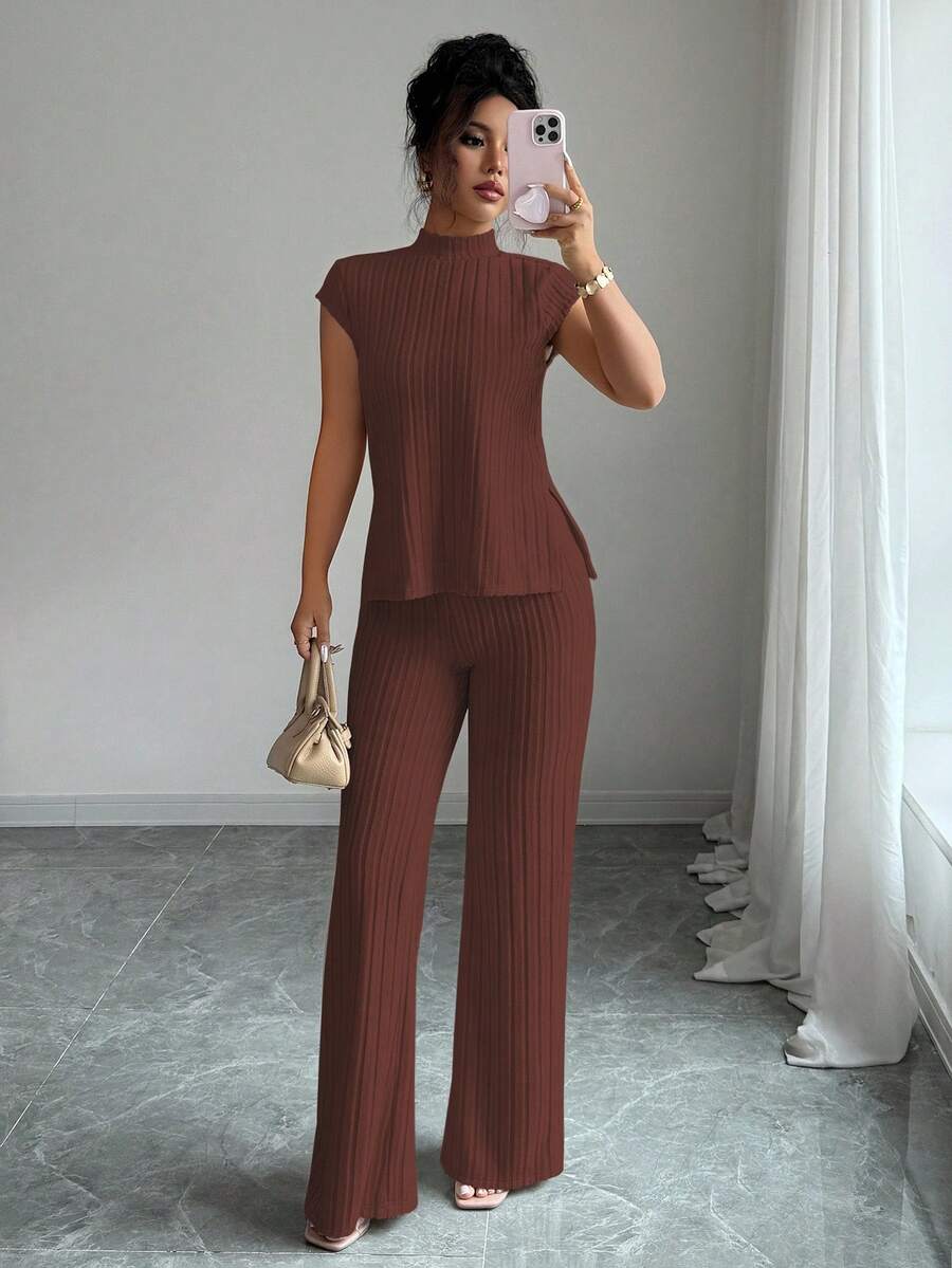 Ensemble Décontracté Élégant Pour Femmes – Haut Côtelé À Manches Courtes Et Pantalon Automne/Hiver