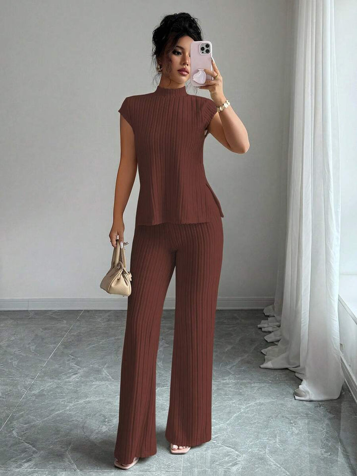 Ensemble Décontracté Élégant Pour Femmes – Haut Côtelé À Manches Courtes Et Pantalon Automne/Hiver