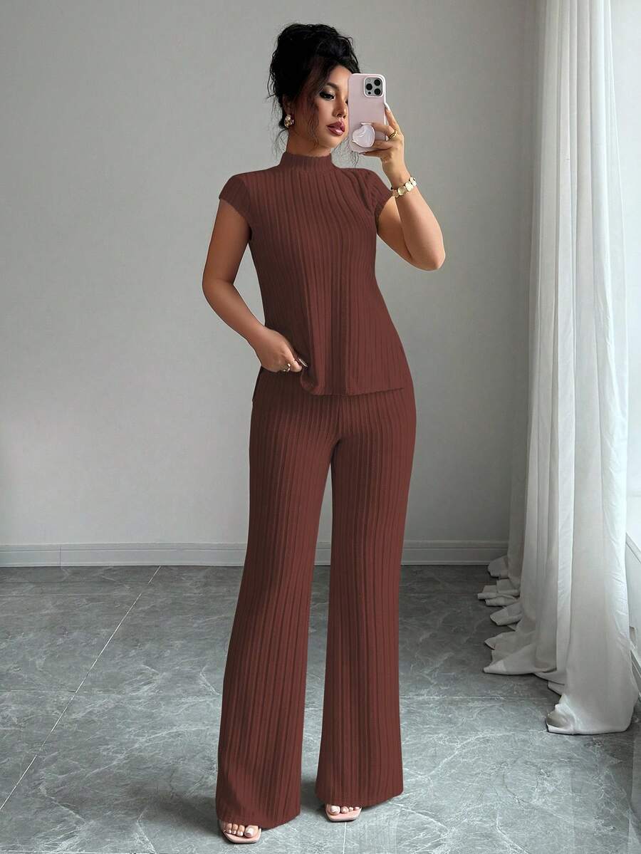Ensemble Décontracté Élégant Pour Femmes – Haut Côtelé À Manches Courtes Et Pantalon Automne/Hiver