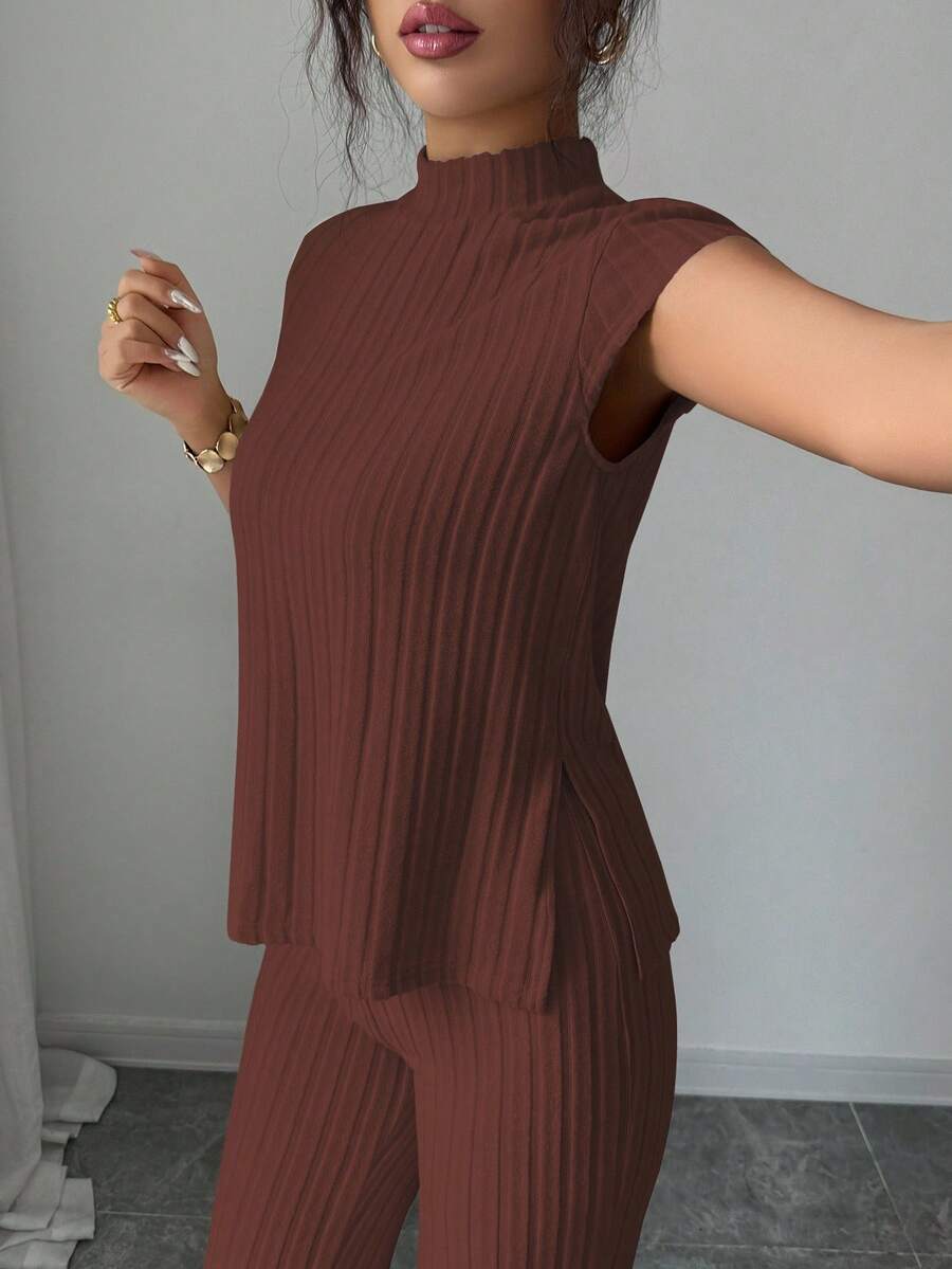 Ensemble Décontracté Élégant Pour Femmes – Haut Côtelé À Manches Courtes Et Pantalon Automne/Hiver