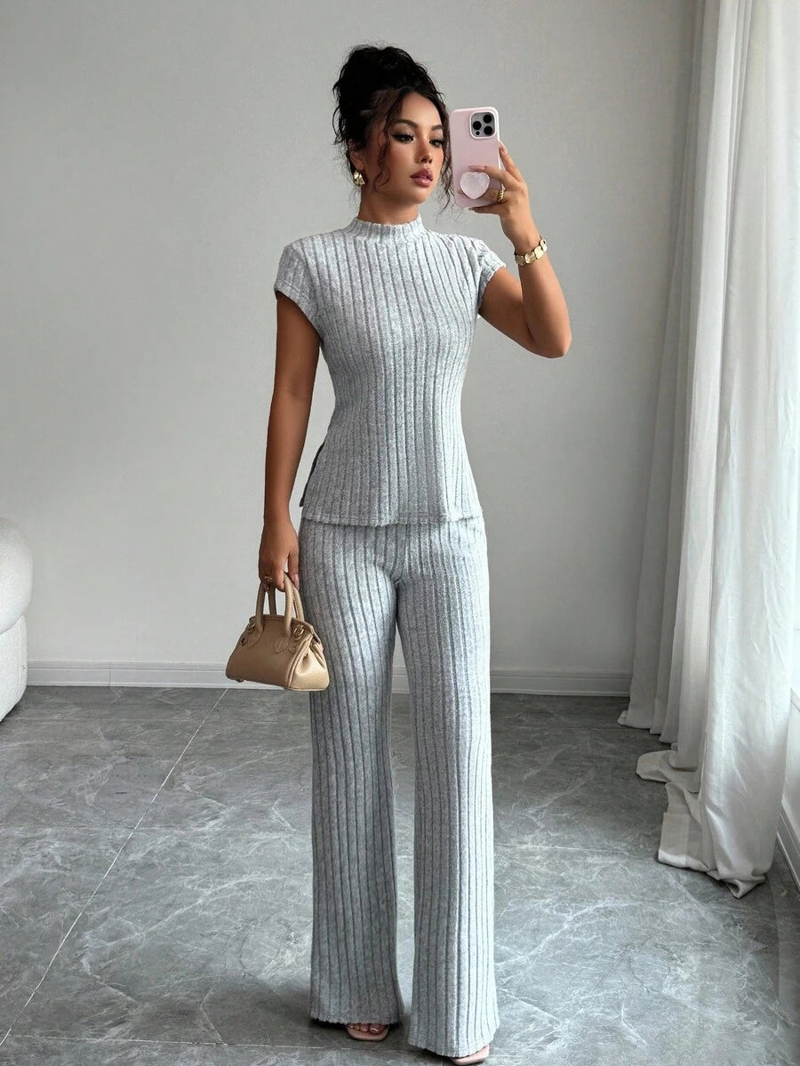 Ensemble Décontracté Élégant Pour Femmes – Haut Côtelé À Manches Courtes Et Pantalon Automne/Hiver