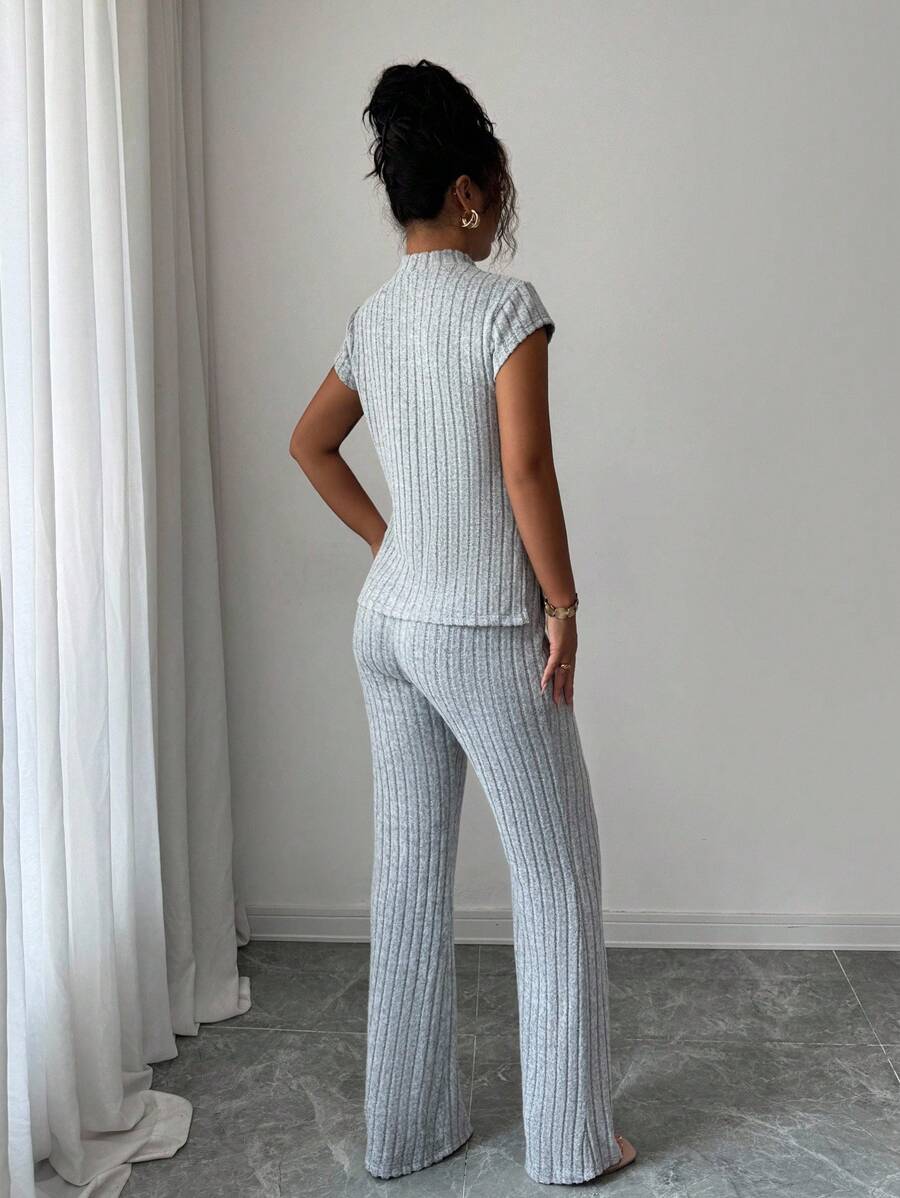 Ensemble Décontracté Élégant Pour Femmes – Haut Côtelé À Manches Courtes Et Pantalon Automne/Hiver