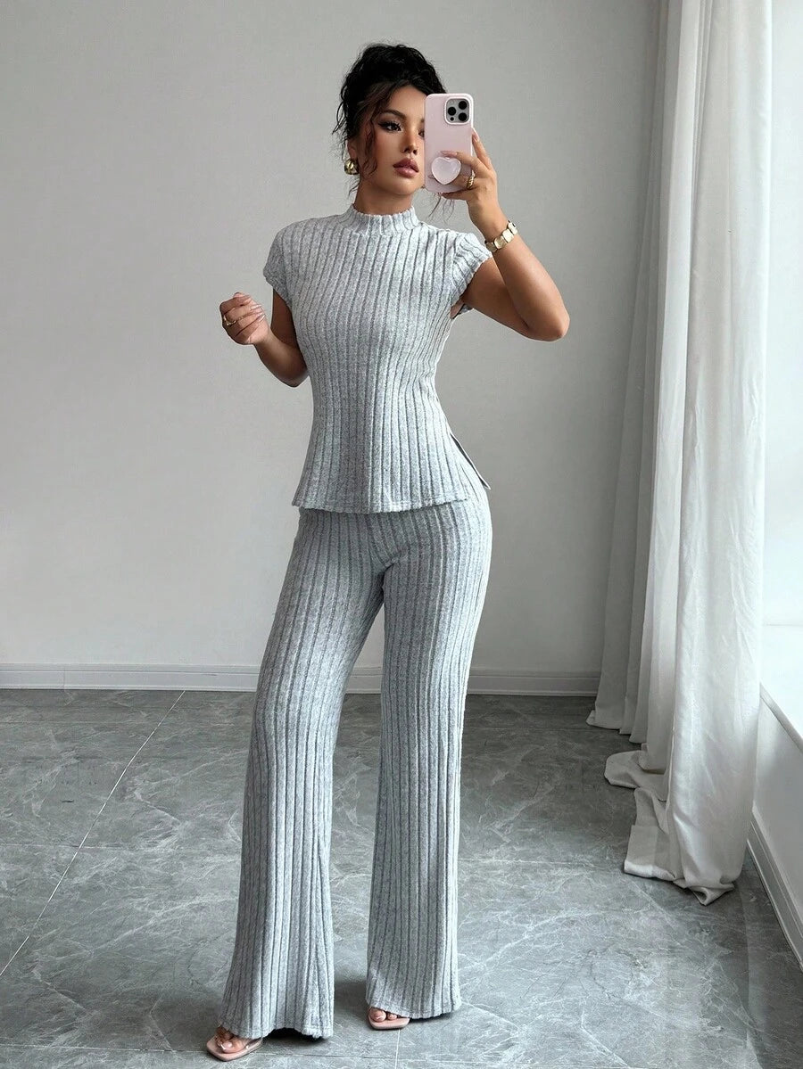 Ensemble Décontracté Élégant Pour Femmes – Haut Côtelé À Manches Courtes Et Pantalon Automne/Hiver