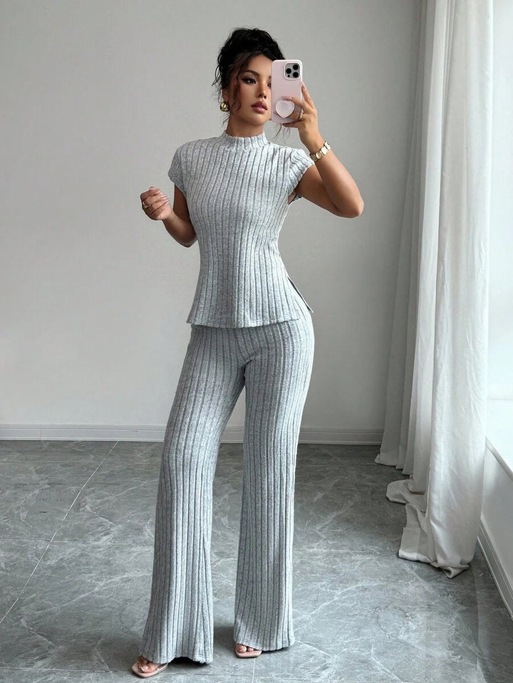 Ensemble Décontracté Élégant Pour Femmes – Haut Côtelé À Manches Courtes Et Pantalon Automne/Hiver