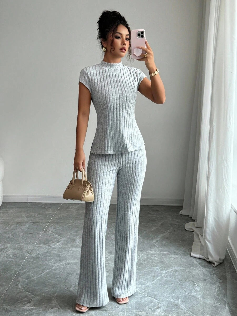 Ensemble Décontracté Élégant Pour Femmes – Haut Côtelé À Manches Courtes Et Pantalon Automne/Hiver
