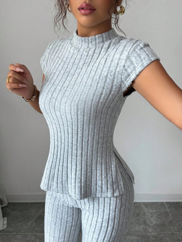 Ensemble Décontracté Élégant Pour Femmes – Haut Côtelé À Manches Courtes Et Pantalon Automne/Hiver