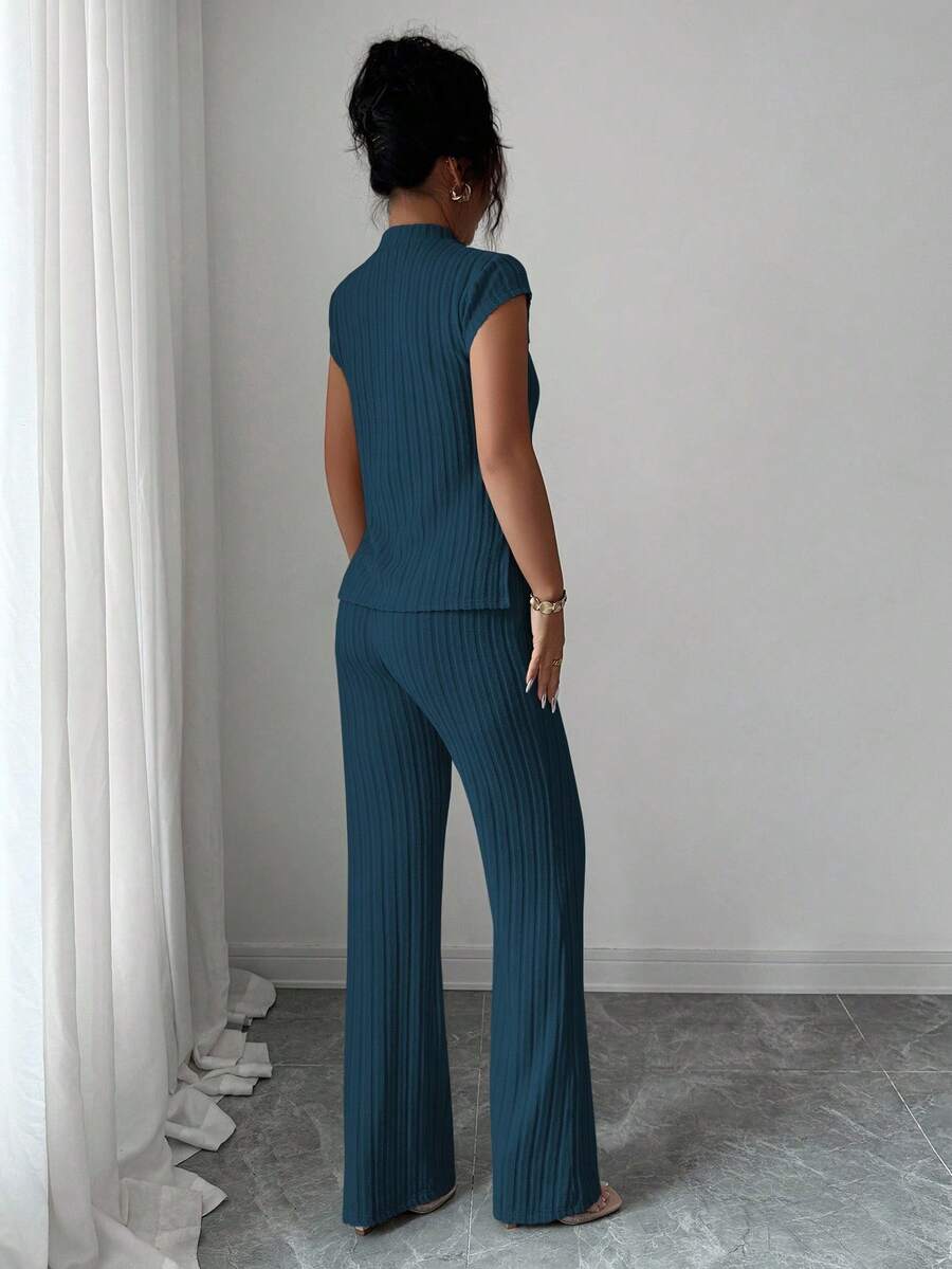 Ensemble Décontracté Élégant Pour Femmes – Haut Côtelé À Manches Courtes Et Pantalon Automne/Hiver