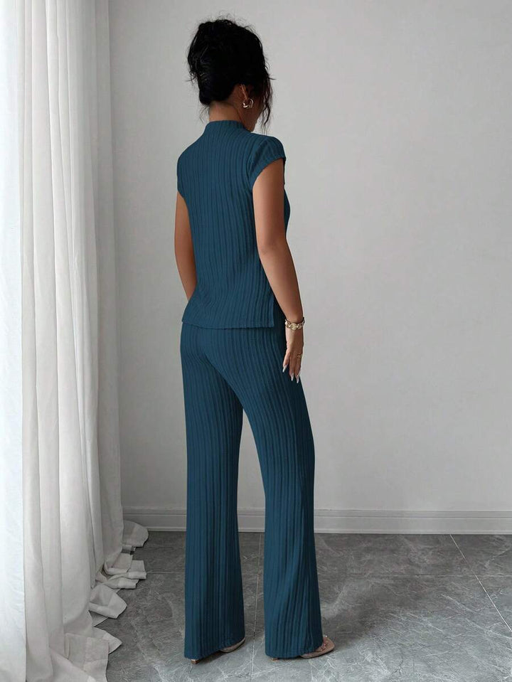 Ensemble Décontracté Élégant Pour Femmes – Haut Côtelé À Manches Courtes Et Pantalon Automne/Hiver