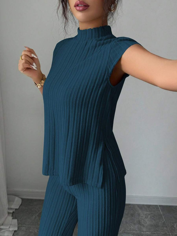 Ensemble Décontracté Élégant Pour Femmes – Haut Côtelé À Manches Courtes Et Pantalon Automne/Hiver