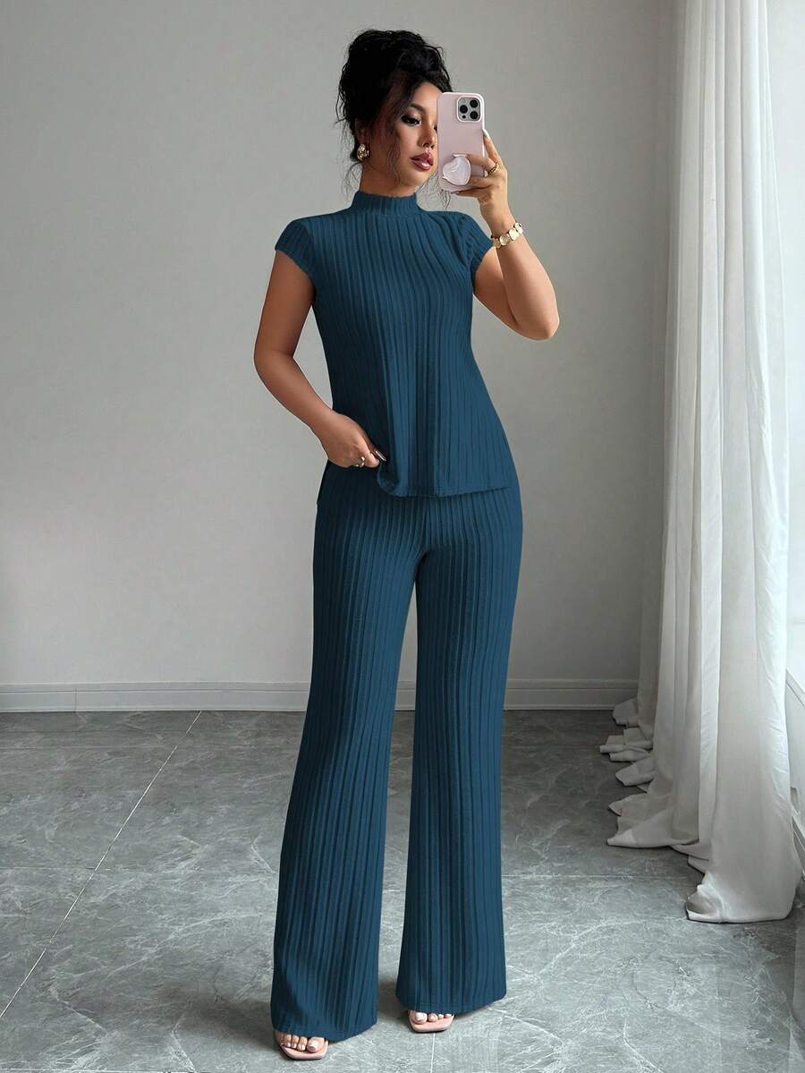 Ensemble Décontracté Élégant Pour Femmes – Haut Côtelé À Manches Courtes Et Pantalon Automne/Hiver