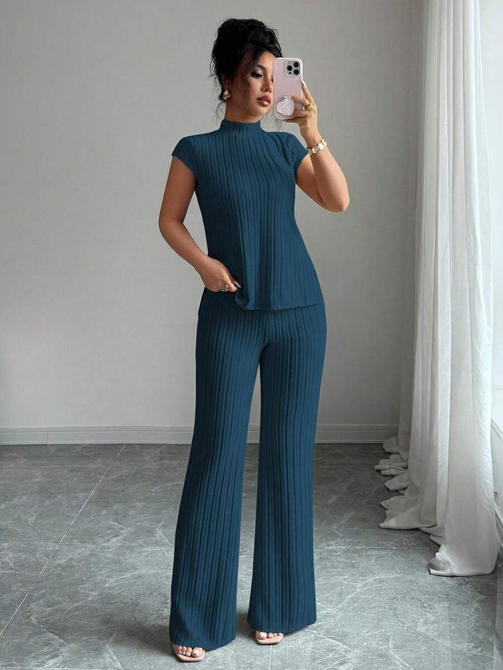 Ensemble Décontracté Élégant Pour Femmes – Haut Côtelé À Manches Courtes Et Pantalon Automne/Hiver