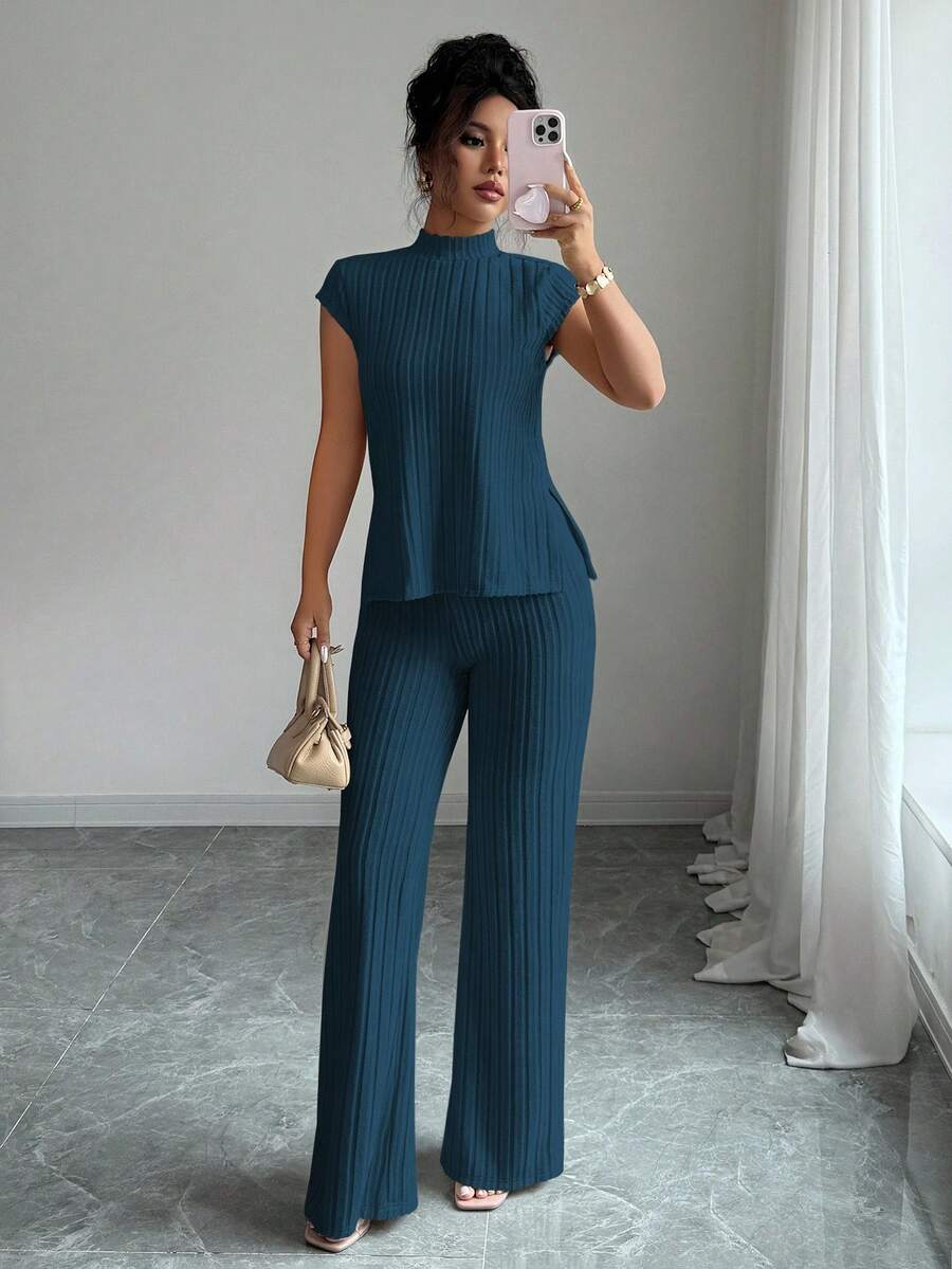 Ensemble Décontracté Élégant Pour Femmes – Haut Côtelé À Manches Courtes Et Pantalon Automne/Hiver