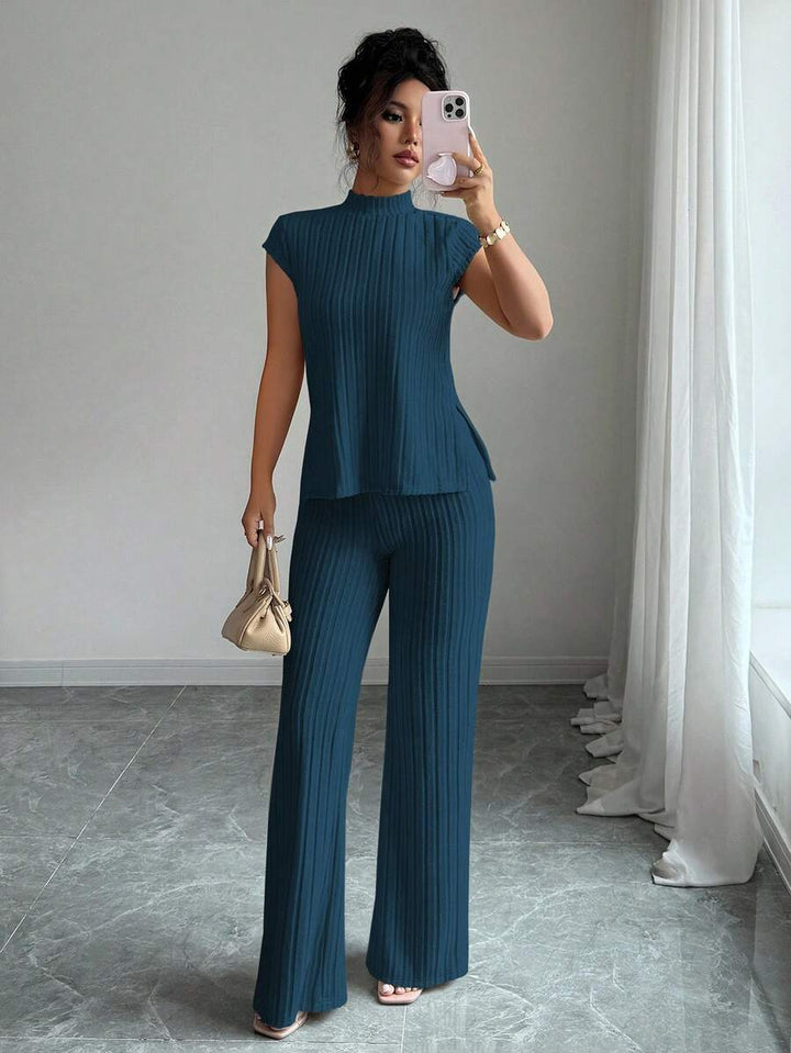 Ensemble Décontracté Élégant Pour Femmes – Haut Côtelé À Manches Courtes Et Pantalon Automne/Hiver