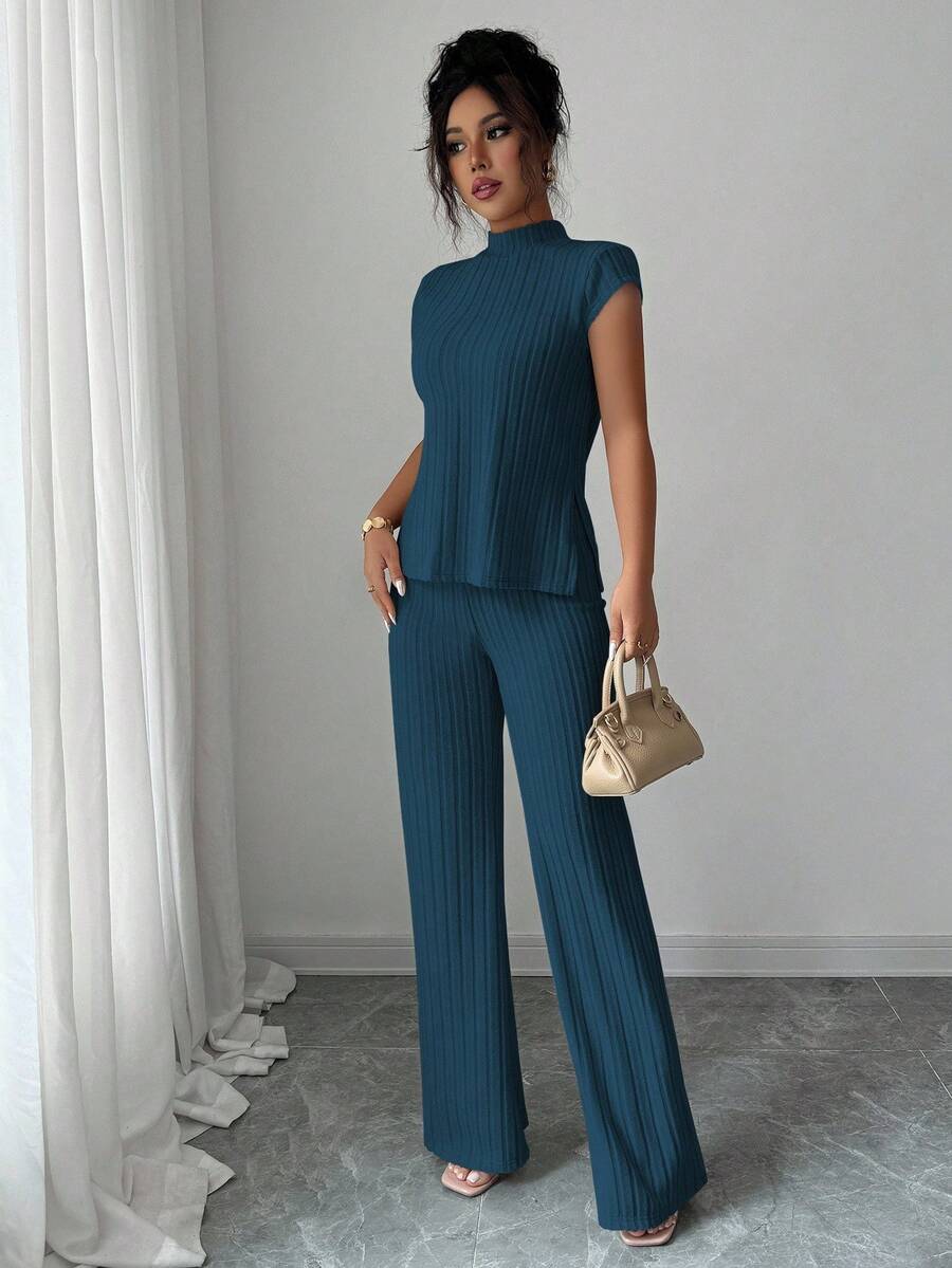 Ensemble Décontracté Élégant Pour Femmes – Haut Côtelé À Manches Courtes Et Pantalon Automne/Hiver