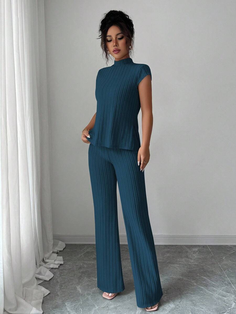 Ensemble Décontracté Élégant Pour Femmes – Haut Côtelé À Manches Courtes Et Pantalon Automne/Hiver