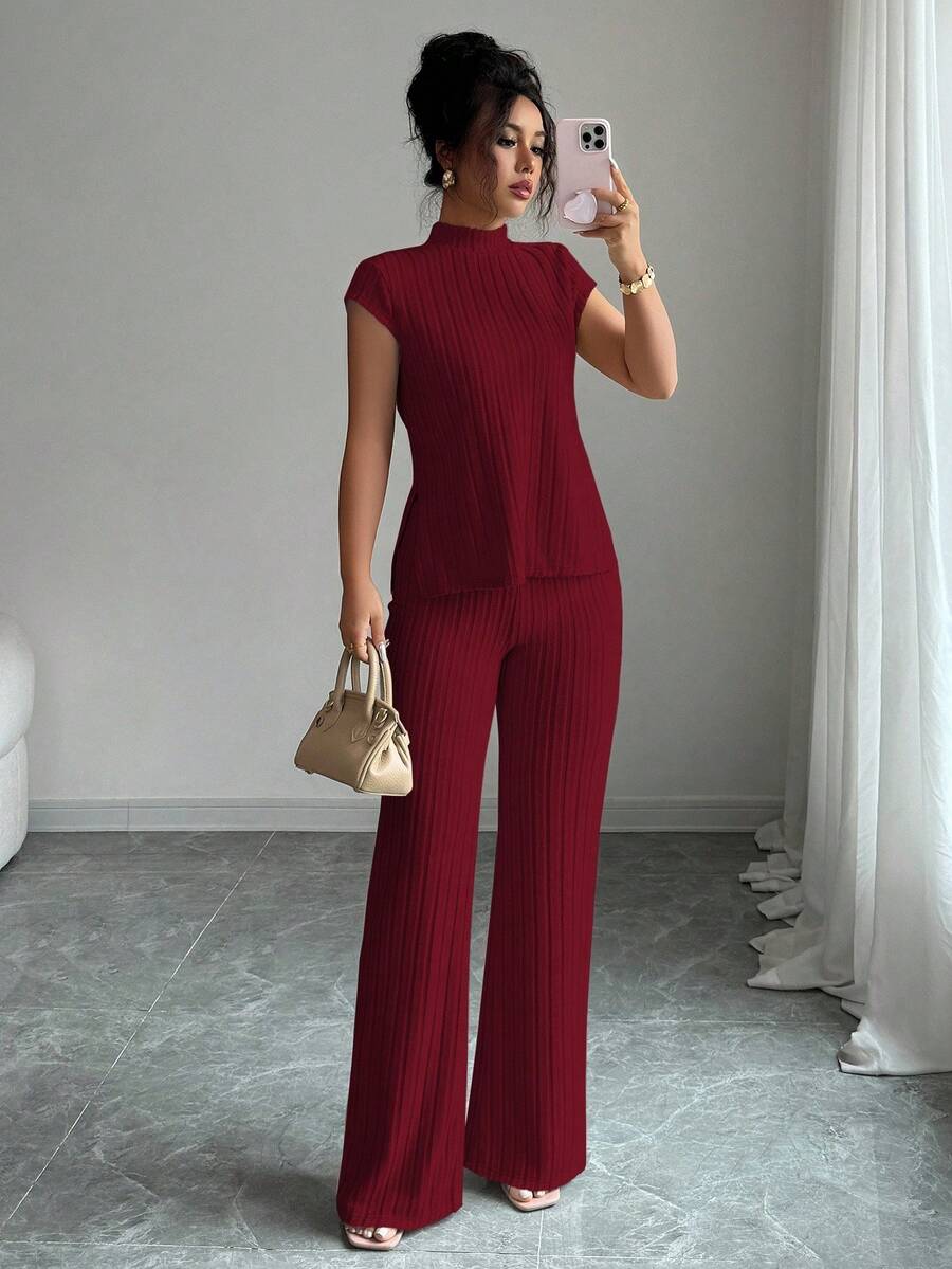 Ensemble Décontracté Élégant Pour Femmes – Haut Côtelé À Manches Courtes Et Pantalon Automne/Hiver
