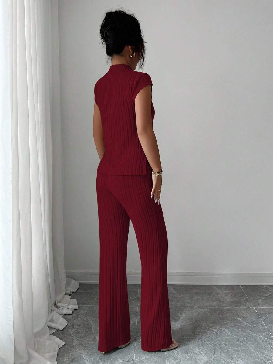 Ensemble Décontracté Élégant Pour Femmes – Haut Côtelé À Manches Courtes Et Pantalon Automne/Hiver