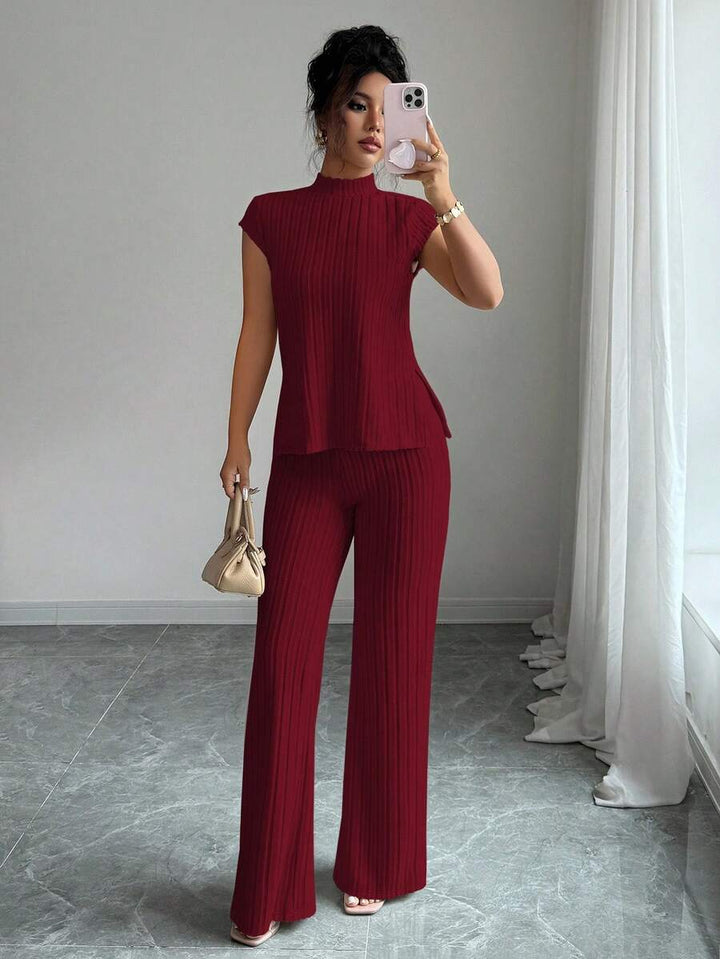 Ensemble Décontracté Élégant Pour Femmes – Haut Côtelé À Manches Courtes Et Pantalon Automne/Hiver