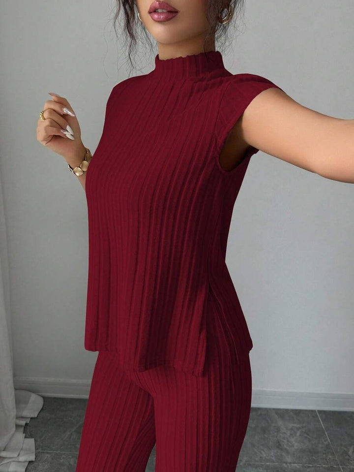 Ensemble Décontracté Élégant Pour Femmes – Haut Côtelé À Manches Courtes Et Pantalon Automne/Hiver