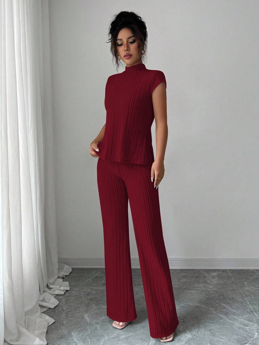 Ensemble Décontracté Élégant Pour Femmes – Haut Côtelé À Manches Courtes Et Pantalon Automne/Hiver