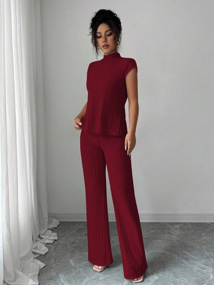 Ensemble Décontracté Élégant Pour Femmes – Haut Côtelé À Manches Courtes Et Pantalon Automne/Hiver