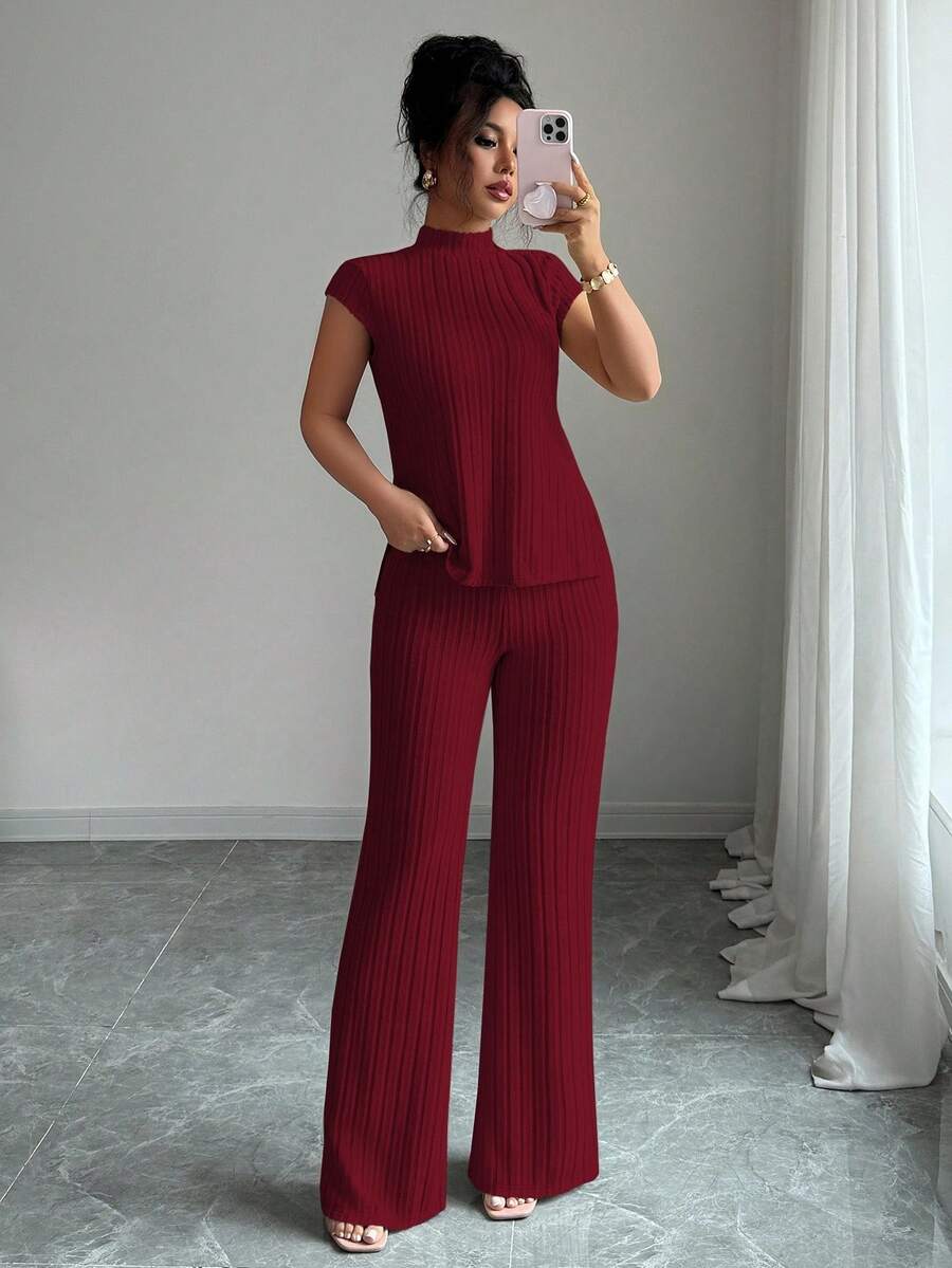 Ensemble Décontracté Élégant Pour Femmes – Haut Côtelé À Manches Courtes Et Pantalon Automne/Hiver
