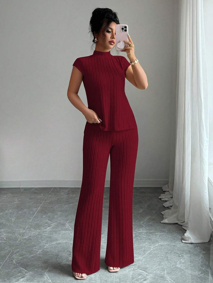 Ensemble Décontracté Élégant Pour Femmes – Haut Côtelé À Manches Courtes Et Pantalon Automne/Hiver