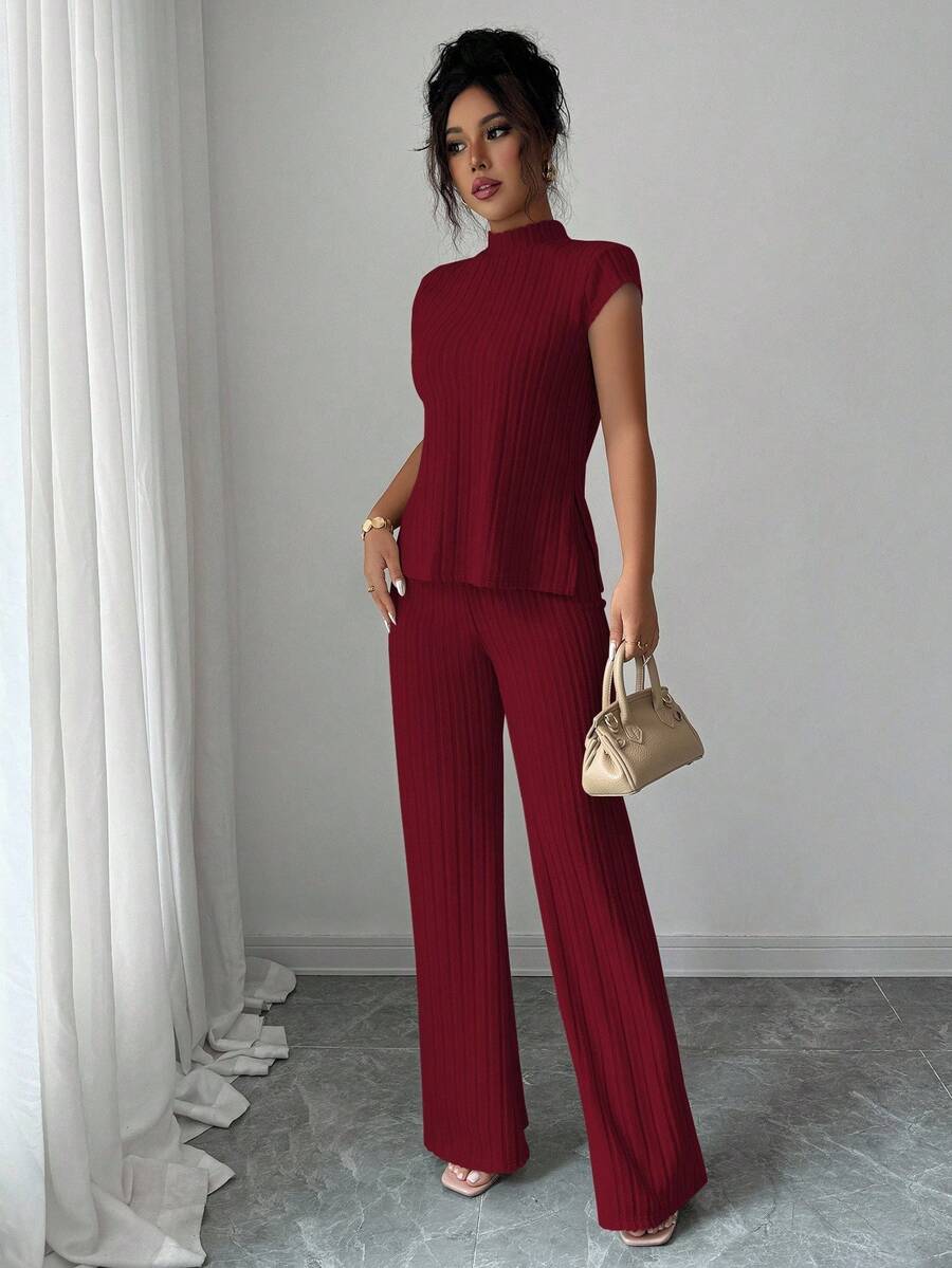 Ensemble Décontracté Élégant Pour Femmes – Haut Côtelé À Manches Courtes Et Pantalon Automne/Hiver