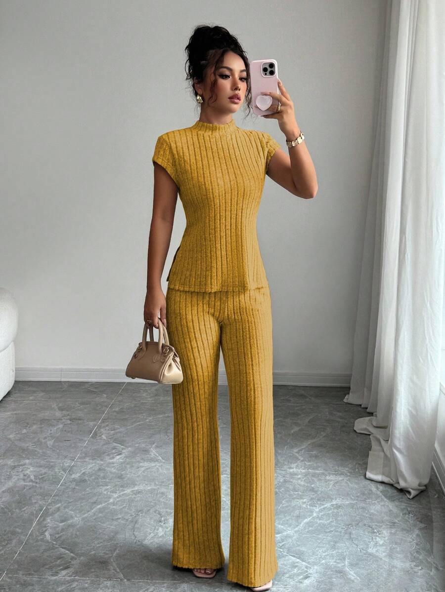 Ensemble Décontracté Élégant Pour Femmes – Haut Côtelé À Manches Courtes Et Pantalon Automne/Hiver