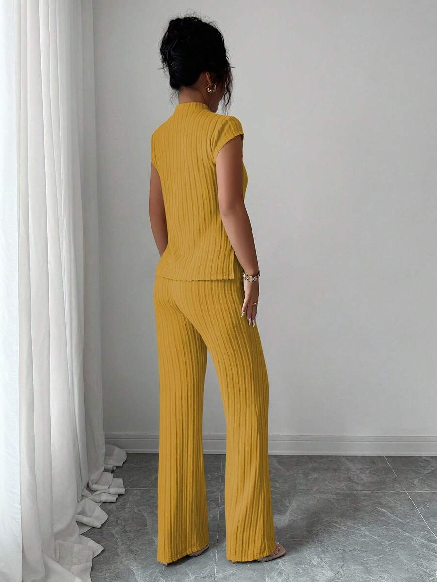 Ensemble Décontracté Élégant Pour Femmes – Haut Côtelé À Manches Courtes Et Pantalon Automne/Hiver