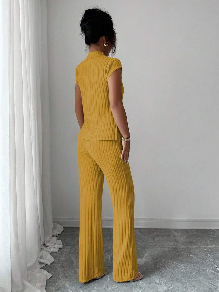 Ensemble Décontracté Élégant Pour Femmes – Haut Côtelé À Manches Courtes Et Pantalon Automne/Hiver