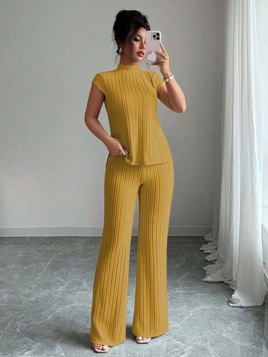 Ensemble Décontracté Élégant Pour Femmes – Haut Côtelé À Manches Courtes Et Pantalon Automne/Hiver