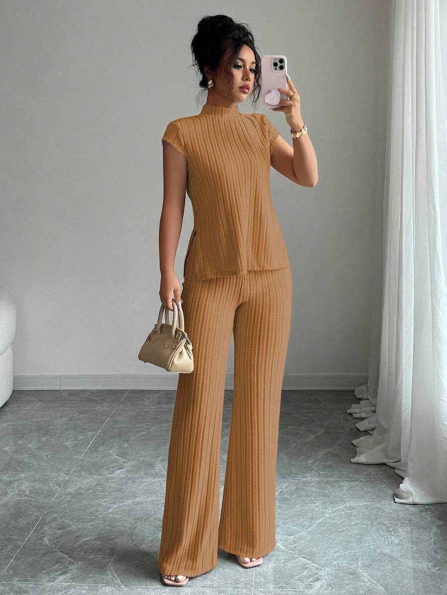 Ensemble Décontracté Élégant Pour Femmes – Haut Côtelé À Manches Courtes Et Pantalon Automne/Hiver