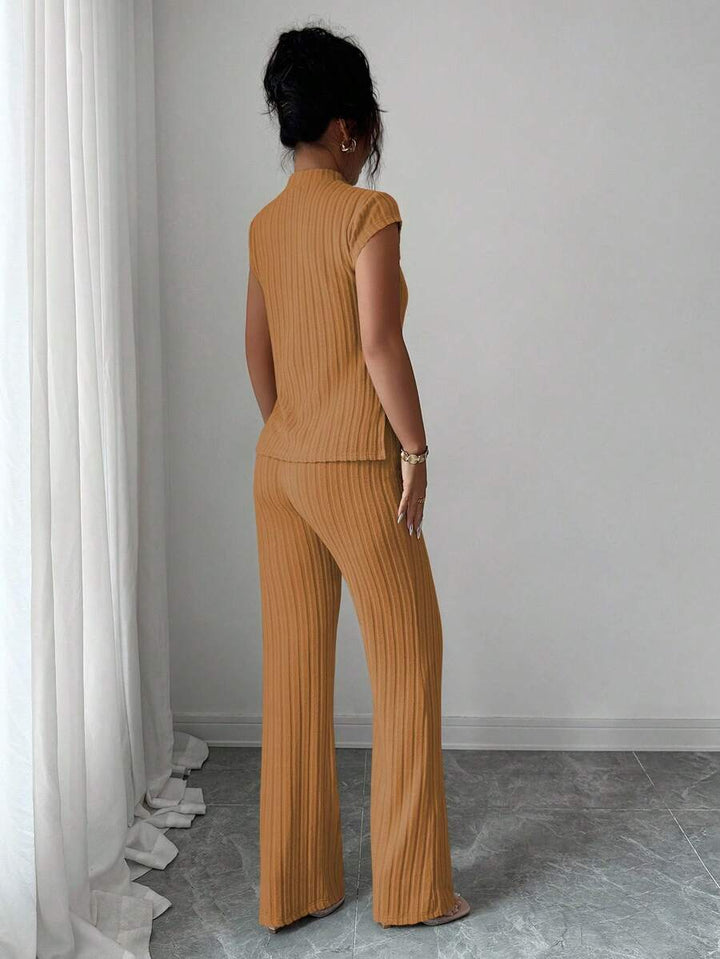 Ensemble Décontracté Élégant Pour Femmes – Haut Côtelé À Manches Courtes Et Pantalon Automne/Hiver