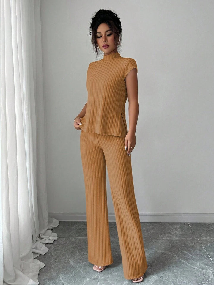 Ensemble Décontracté Élégant Pour Femmes – Haut Côtelé À Manches Courtes Et Pantalon Automne/Hiver