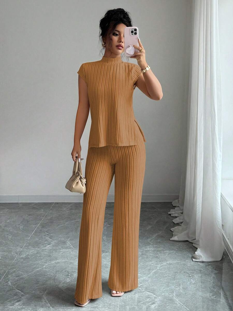Ensemble Décontracté Élégant Pour Femmes – Haut Côtelé À Manches Courtes Et Pantalon Automne/Hiver
