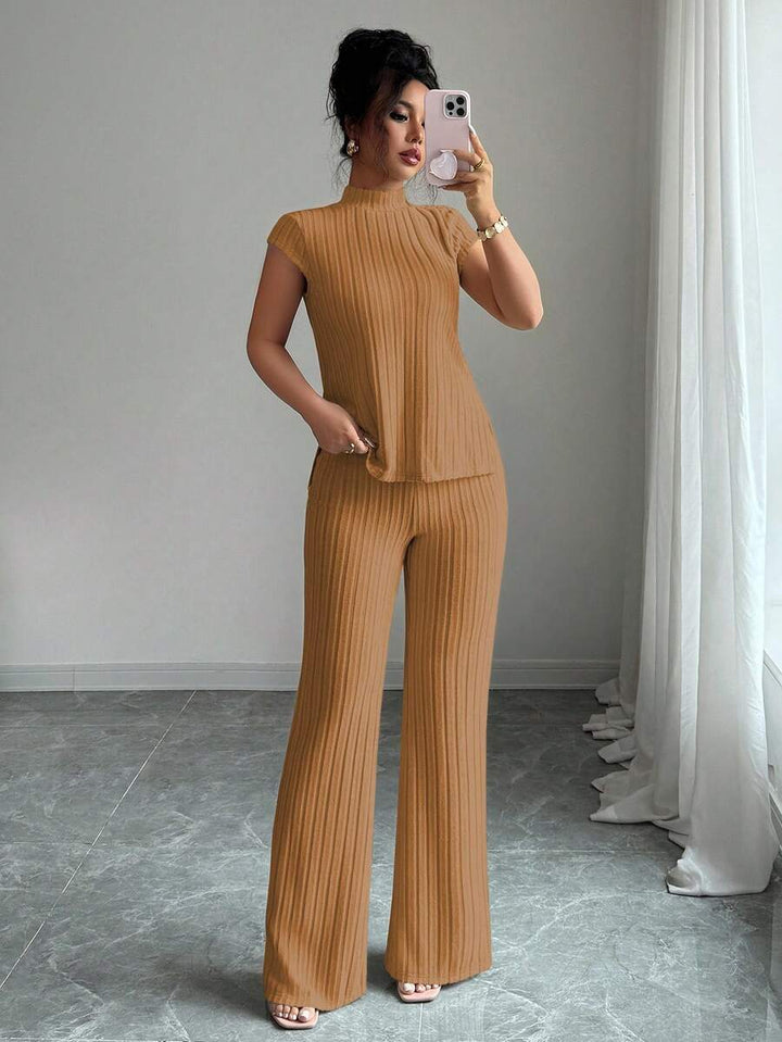 Ensemble Décontracté Élégant Pour Femmes – Haut Côtelé À Manches Courtes Et Pantalon Automne/Hiver