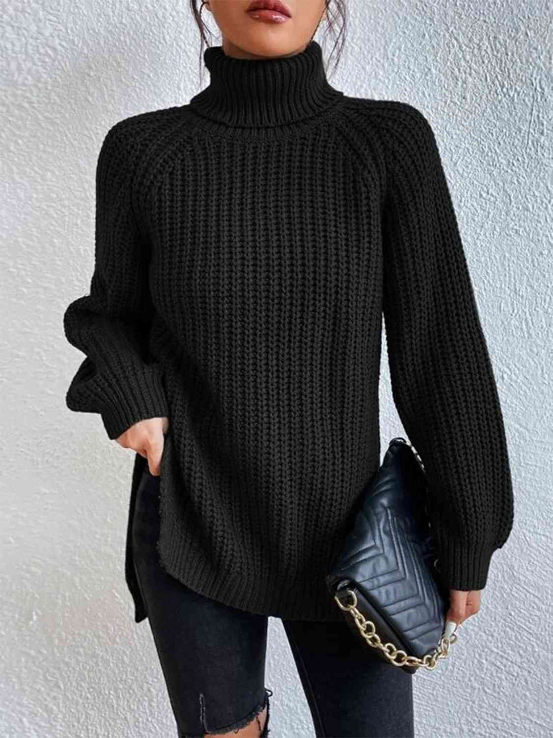 Pull Fendu À Col Roulé En Maille Côtelée Pour Femmes – Tricot Chic Automne/Hiver