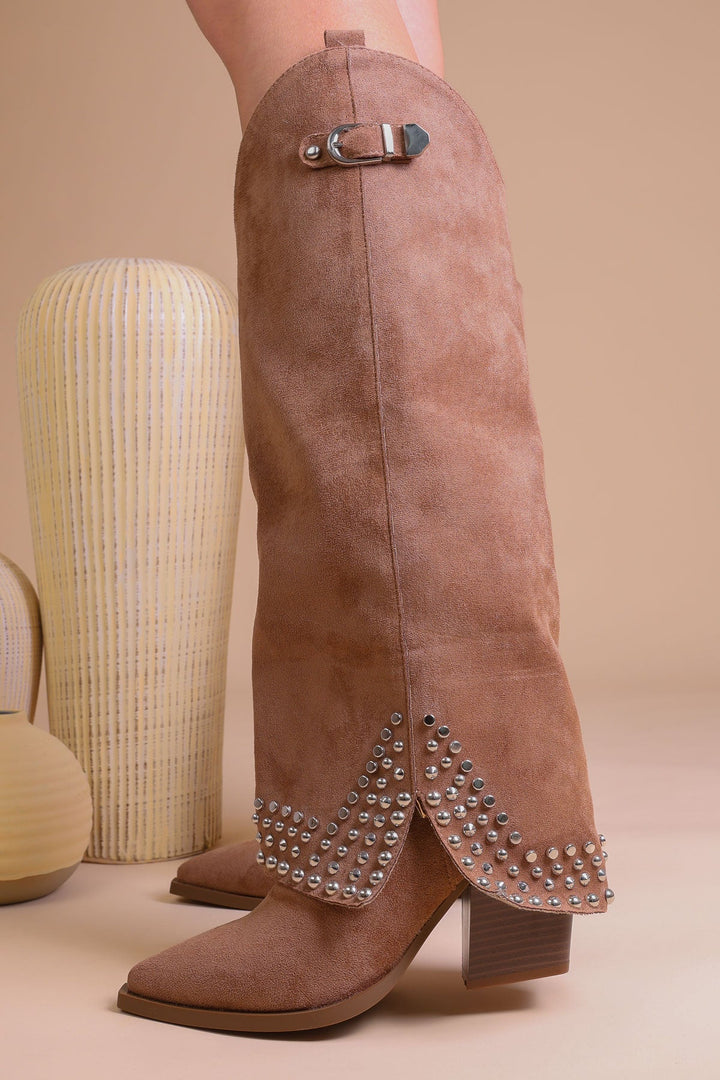 Bottes Hautes Femme Noires En Similicuir Avec Boucle Et Clous – Modèle Shark Tendance Pour La Saison Automne Hiver