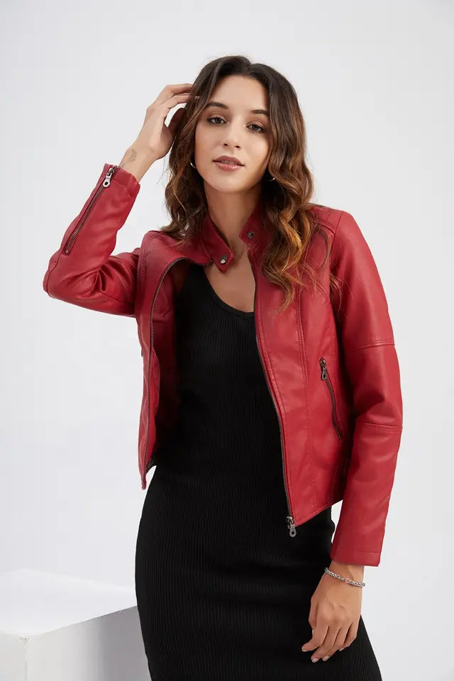 Veste en Simili Cuir Femme | Col Montant | Coupe Ajustée