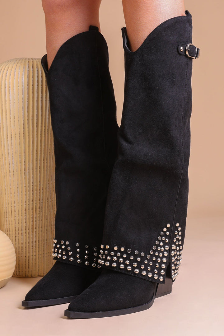 Bottes Hautes Femme Noires En Similicuir Avec Boucle Et Clous – Modèle Shark Tendance Pour La Saison Automne Hiver