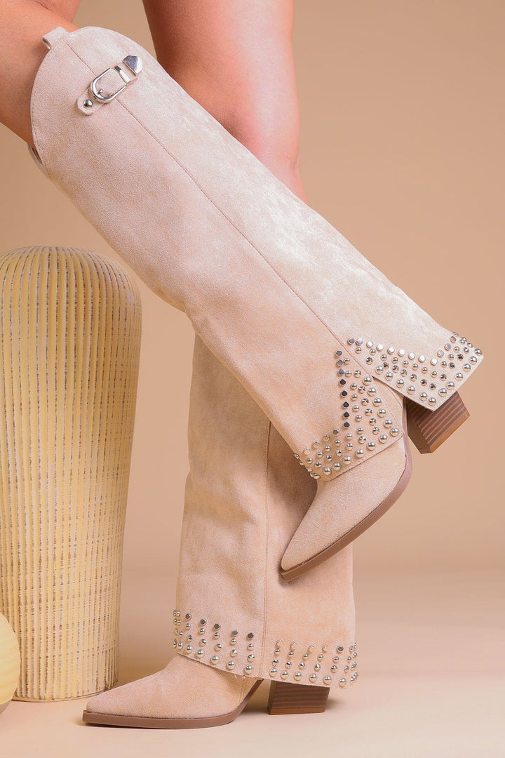 Bottes Hautes Femme Noires En Similicuir Avec Boucle Et Clous – Modèle Shark Tendance Pour La Saison Automne Hiver