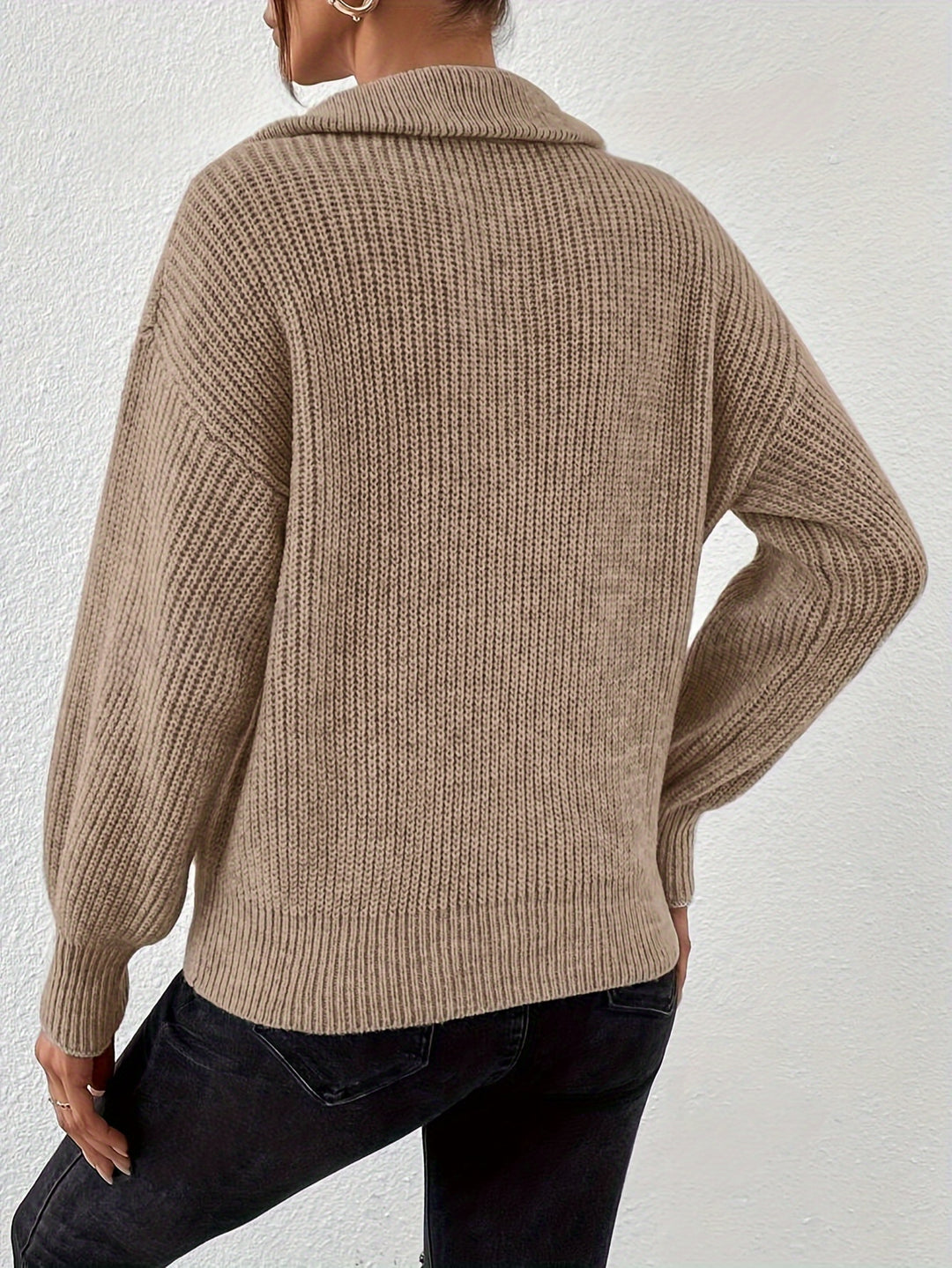 Pull Zippé À Épaules Tombantes Pour Femmes – Élégant Col V Automne/Hiver