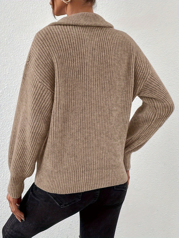 Pull Zippé À Épaules Tombantes Pour Femmes – Élégant Col V Automne/Hiver
