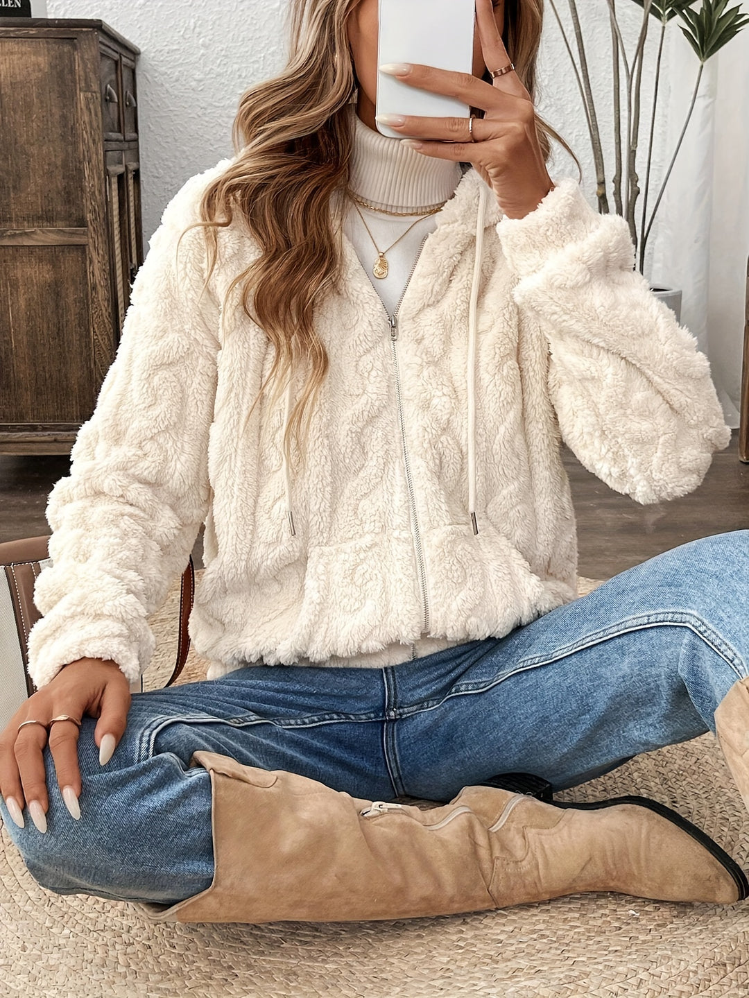 Veste Zippée À Capuche En Polaire Peluche Pour Femmes – Manteau Douillet Automne/Hiver