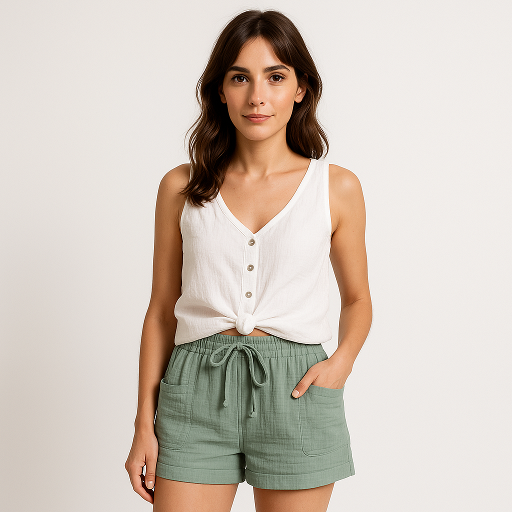 Breezya | Short Taille Haute Élastique Lin Poches Coupe Décontractée Casual Été Pour Femme