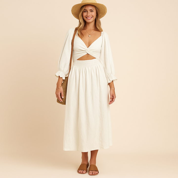 Robe Soleil Bohème – Midi à Découpe & Coupe Fluide d’Été