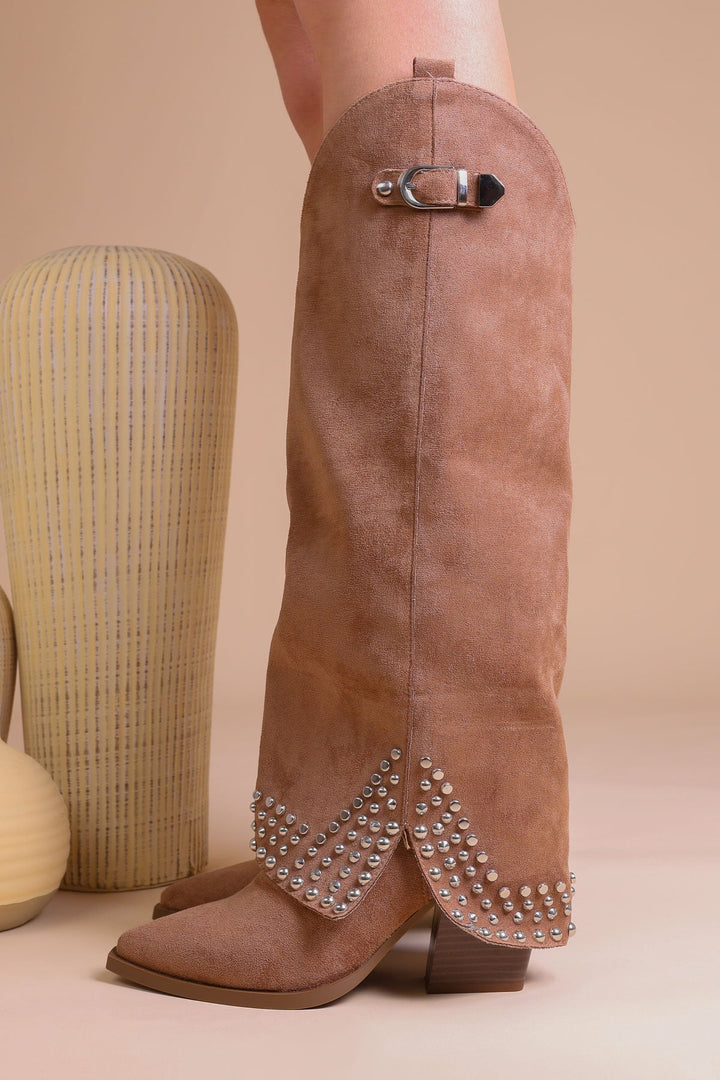 Bottes Hautes Femme Noires En Similicuir Avec Boucle Et Clous – Modèle Shark Tendance Pour La Saison Automne Hiver